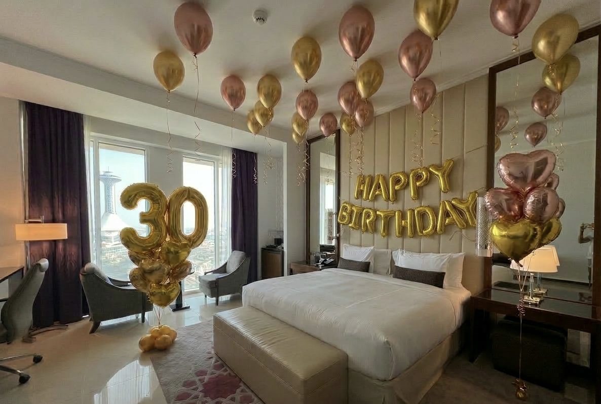 Gold Birthday Balloon Room Setup