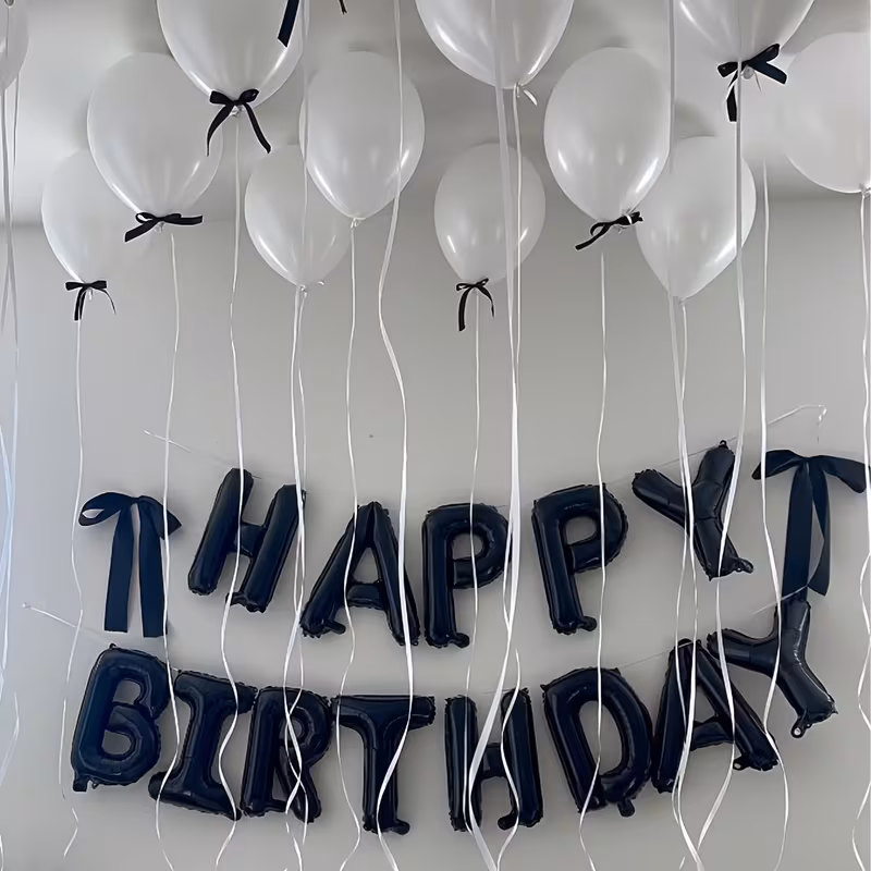 Black White Ribbons Happy Birthday Balloon Setup