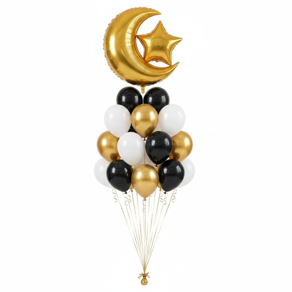 Ramadan Crescent & Gold Balloons Bouquet Abu Dhabi - باقة هلال وبالونات رمضان ذهبية - محل بالون ابوظبي بالونوا