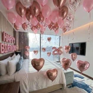 Rose gold room birthday setup