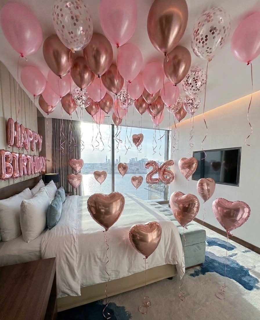 Rose gold room birthday setup
